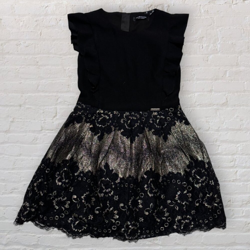 MARCIANO Los Angeles Sleeveless Black Lace Gold Shimmer Formal Party Dress 8